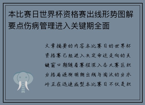 本比赛日世界杯资格赛出线形势图解要点伤病管理进入关键期全面